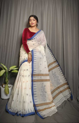 SUDIPTO SAREE HUB Woven Tant Handloom Pure Cotton Saree(White)