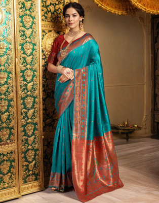LeeliPeeri Designer Printed Paithani Cotton Silk Saree(Blue)