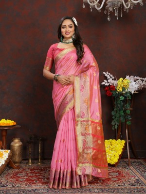 DRAVYA WOMEN Woven, Applique Bollywood Pure Silk, Organza Saree(Pink)