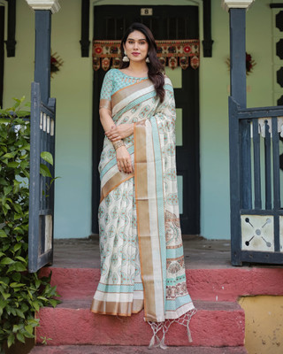DHAYNAAND REEWA FASHION Floral Print Kanjivaram Linen Saree(Multicolor)