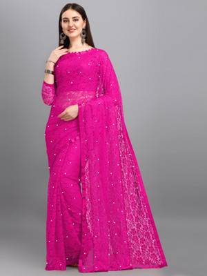 Indy Bliss Self Design Lucknow Chikankari Net Saree(Blue)
