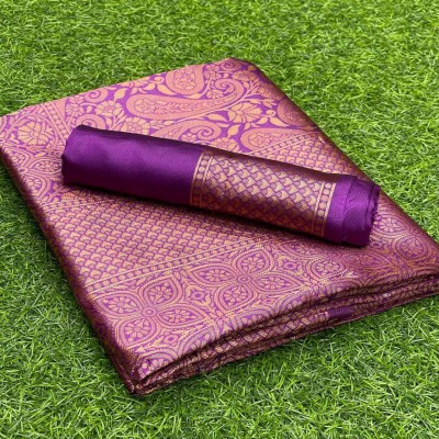 KHANJAN FASHION Floral Print, Geometric Print, Self Design, Woven Paithani Pure Silk, Jacquard Saree(Purple)