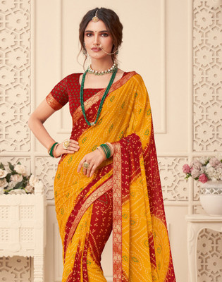 SIRIL Geometric Print, Printed, Embellished Bandhani Georgette, Chiffon Saree(Yellow, Red)