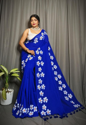 ECOMBEE Floral Print Handloom Pure Cotton Saree(Blue)