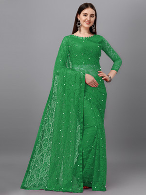 LOROFY Embellished Lucknow Chikankari Net, Lycra Blend Saree(Dark Green)