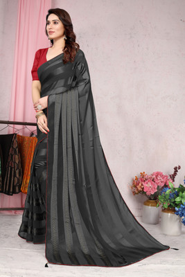 MIRCHI FASHION Striped, Solid/Plain Bollywood Georgette Saree(Black)