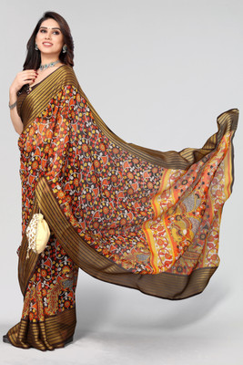 Winza Designer Printed, Self Design Daily Wear Chiffon Saree(Brown)