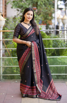 Tasrika Printed Bollywood Semi-Pashmina Saree(Black)