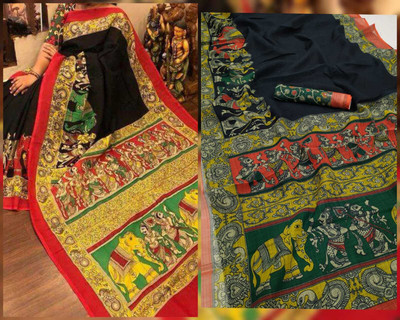 Arpita Fashion Digital Print Madhubani Linen Saree(Black)