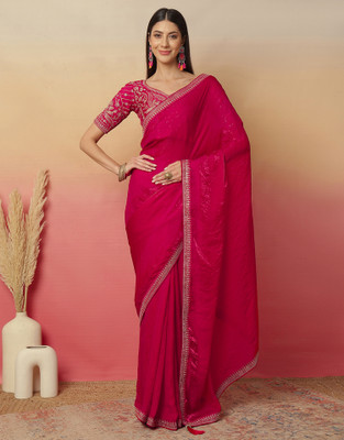 Sangria Solid/Plain, Embellished, Embroidered Bollywood Lace, Tissue Saree(Pink)