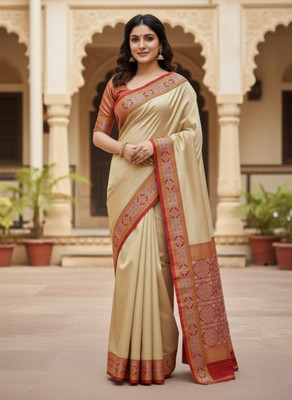 ajmera fashion Printed Sambalpuri Art Silk Saree(Cream)