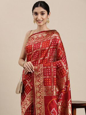 Tasrika Self Design Bandhani Silk Blend Saree(Red)