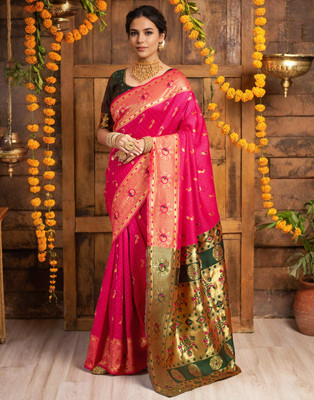 Mahastree Color Block Paithani Silk Blend Saree(Pink)