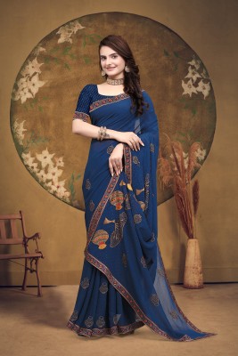 ETHNICRANG Nilkanth Embroidered Handloom Chiffon Saree(Dark Blue)