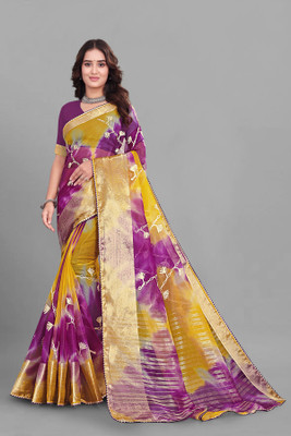 Aarunika LGF Printed Bollywood Organza Saree(Purple, Yellow)