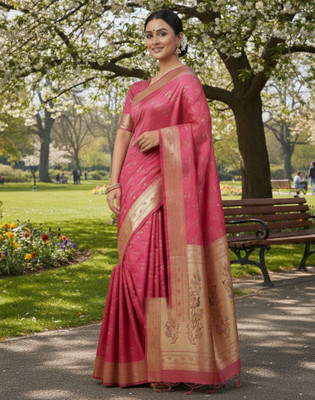 Bajrang fab Self Design Banarasi Satin Saree(Pink)