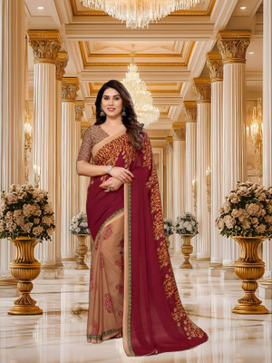 SmittenSmit Printed Bollywood Georgette Saree(Red, Brown)