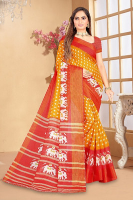 Saadhvi Digital Print Bandhani Cotton Blend Saree(Yellow)