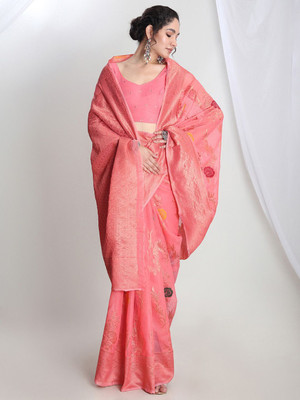 Janasya Woven Saree with Attached Blouse Linen Saree(Pink)