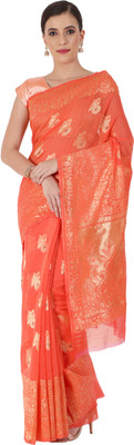 Leeza Store Woven Banarasi Silk Blend, Jacquard Saree(Orange)