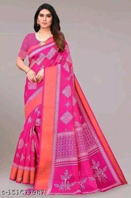 Grubstaker Printed Bollywood Cotton Blend Saree(Pink)