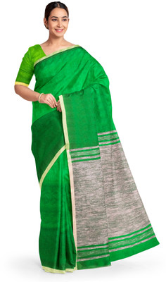 AD COLLECTIONS Solid/Plain Handloom Cotton Blend Saree(Dark Green)