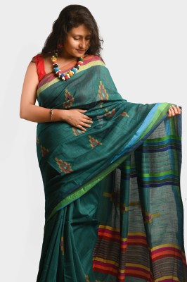 VISAGE PINK Self Design Handloom Cotton Linen Saree(Green)