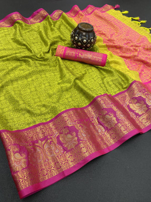 MM VENTURE Self Design Kanjivaram Cotton Silk Saree(Green)