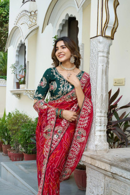 rendol Tie-Dye, Printed, Embroidered, Embellished, Floral Print Bandhani Silk Blend Saree(Red)