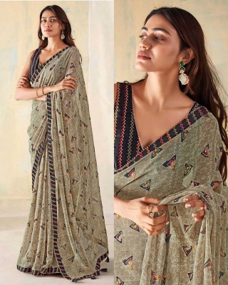 PHORIA STYLE Printed, Self Design, Graphic Print, Floral Print, Checkered, Solid/Plain Bollywood Georgette, Chiffon Saree(Brown)