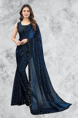 online bazaarr Floral Print Bollywood Lycra Blend Saree(Blue)