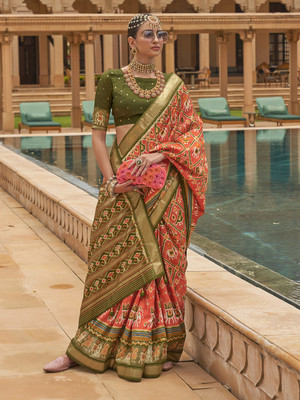 Tasrika Woven Patola Silk Blend Saree(Orange)