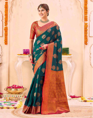 Satrani Woven, Embellished Banarasi Silk Blend Saree(Blue)