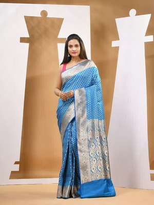 HouseOfCommon Self Design Tant Cotton Blend Saree(Blue)