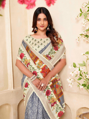 KONICA FAB Printed Bollywood Art Silk Saree(Grey, Beige)