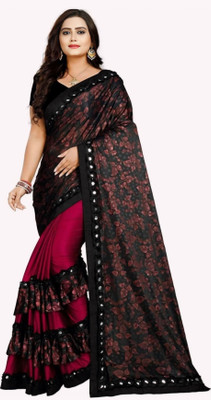 Sweg Bee Floral Print Bollywood Lycra Blend Saree(Red, Black)