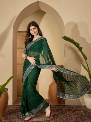 Dori Embroidered Bollywood Silk Blend Saree(Dark Green)