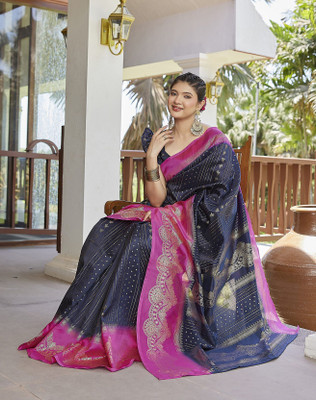 YASHIKA Printed Kanjivaram Cotton Silk, Jacquard Saree(Blue)