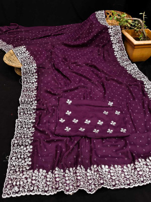 STITCH N SOLUS Embroidered Daily Wear Georgette, Chiffon Saree(Purple)