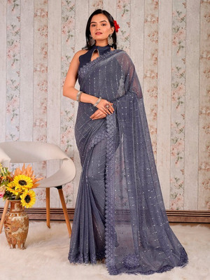 Vragi Embellished Bollywood Lycra Blend Saree(Grey)