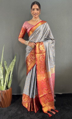 Divastri Solid/Plain Bollywood Silk Blend Saree(Grey)