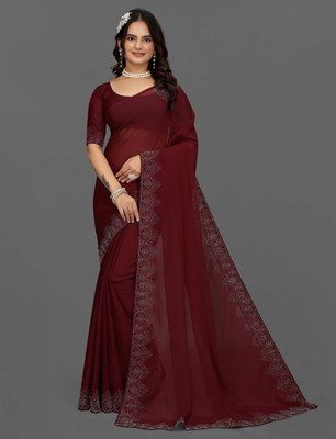 DHRAM CREATION Solid/Plain, Dyed, Embellished, Woven Bollywood Georgette Saree(Maroon)
