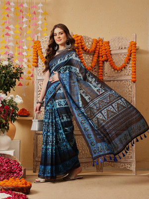 SILK ZONE Printed Chanderi Cotton Blend Saree(Blue)