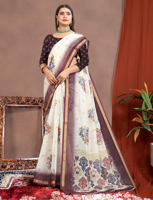 HangerStories Printed Kanjivaram Pure Cotton, Cotton Linen Saree(Cream)