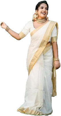 Alka Fashion Solid/Plain, Woven, Printed Kasavu Cotton Silk Saree(White)
