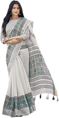 HIYAMI Printed Bollywood Cotton Linen Saree(White)