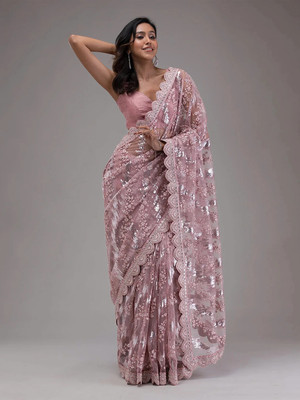 Trendmalls Embroidered, Woven Bollywood Net Saree(Purple)