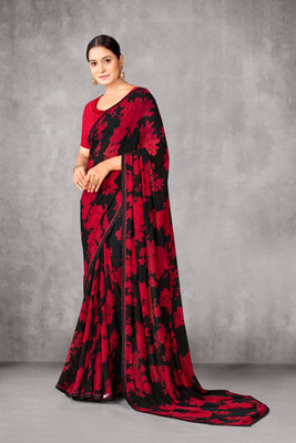 Nandita Printed Daily Wear Cotton Silk Saree(Red, Black)