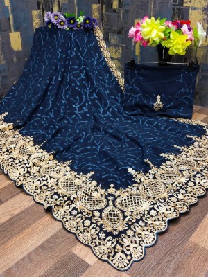 Radheradhey Embroidered, Floral Print Bollywood Georgette Saree(Dark Blue)