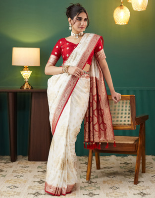 Samah Woven Banarasi Silk Blend Saree(Red, White)